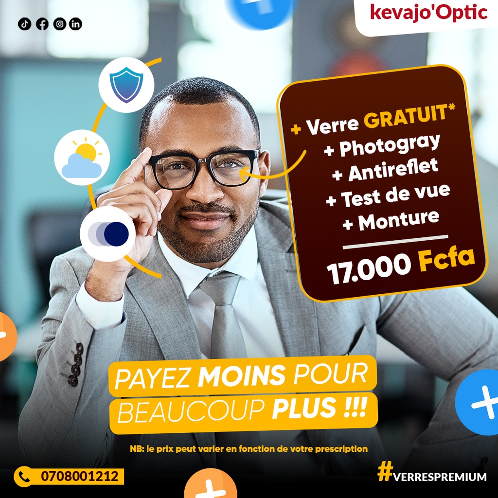 Verres unifocaux + Photogray  + Anti-reflet  + Test de vue  + Monture 